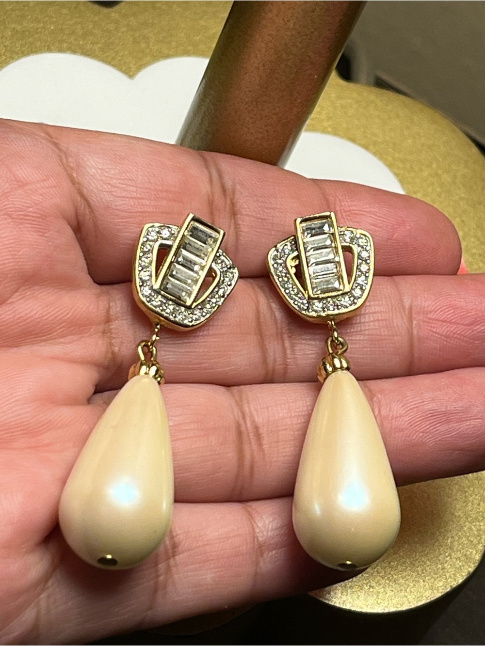 Richelieu Gold-Tone  Drop Earrings with Faux Pearl Teardrop dangle 1970’s